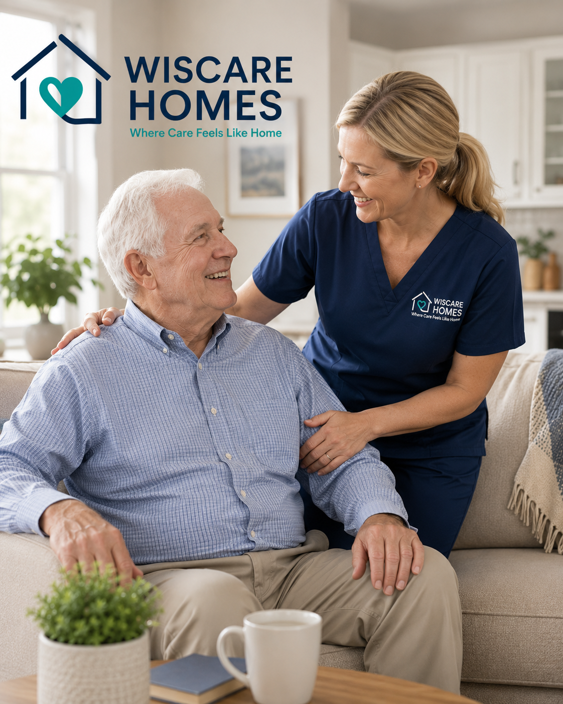 A nurse in navy scrubs smiling and talking to an elderly man sitting on a beige couch in a cozy living room, with a house-shaped logo and text for WISCARE HOMES and the slogan 'Where Care Feels Like Home' in the upper left corner.