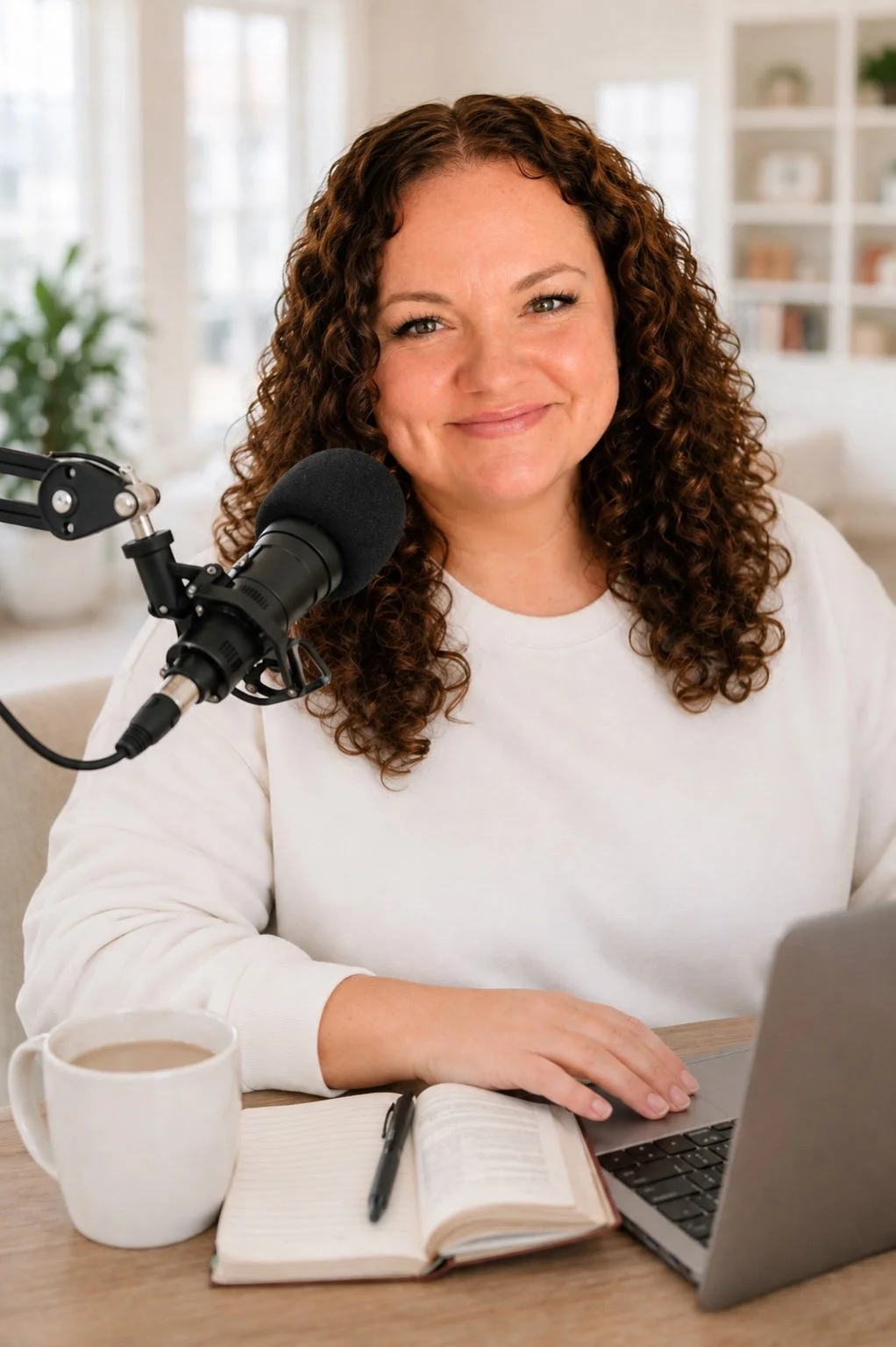 A woman with curly brown hair smiling at a camera while sitting at a desk with a microphone, open book, pen, coffee mug, and laptop in a bright, cozy room.
