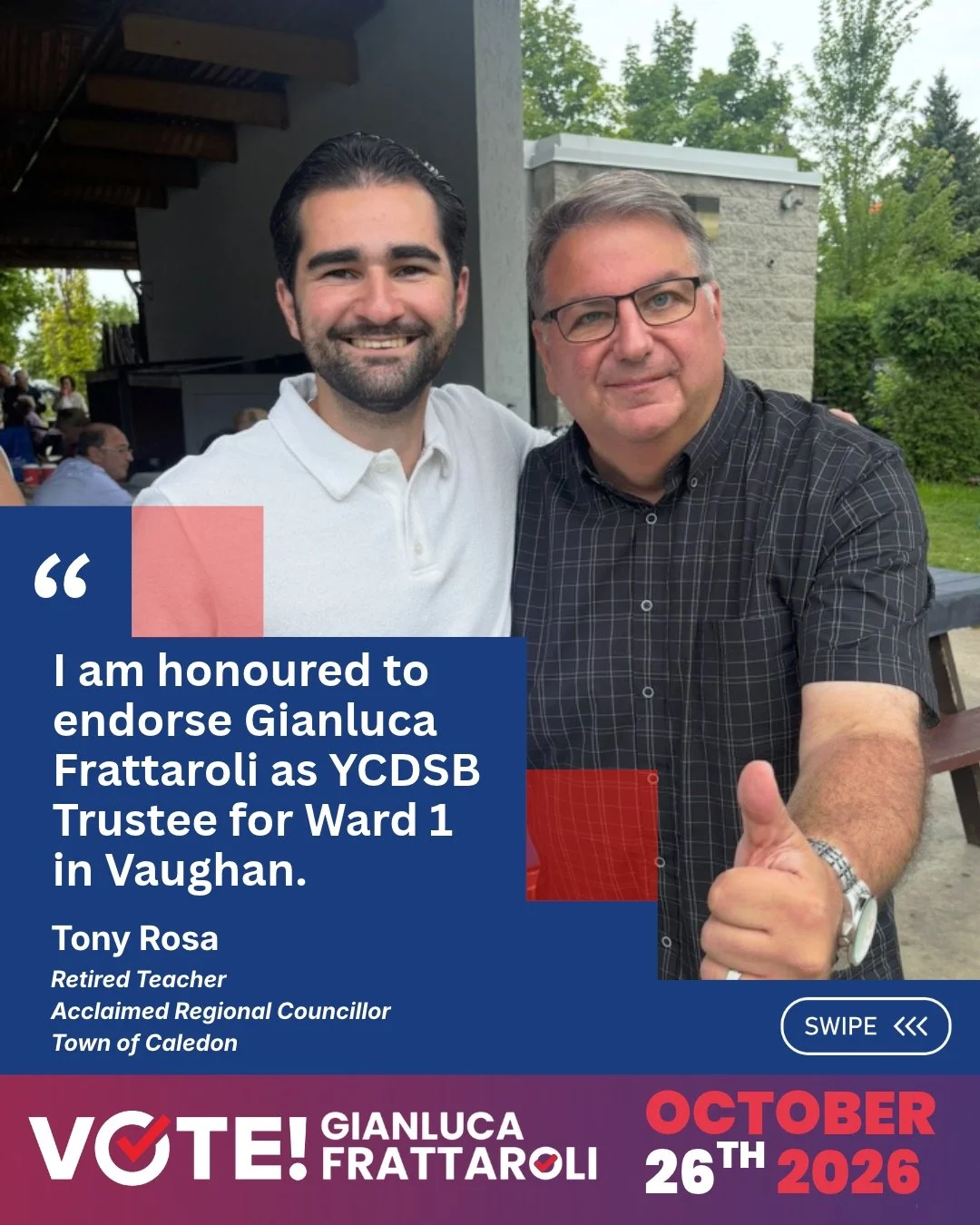 Honoured to receive the endorsement of Tony Rosa, retired teacher and acclaimed Regional Councillor for the Town of Caledon!

Thank you, Tony, for your trust, encouragement, and support. Together, we can build a stronger future for our students, fami