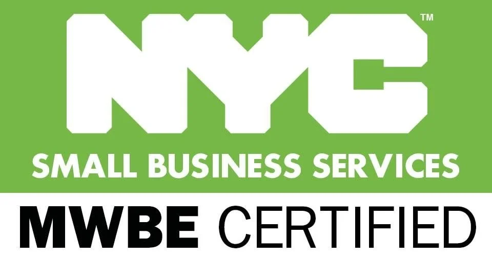 Logo for NYC Small Business Services with a green background and black and white text reading 'MWBE Certified.'