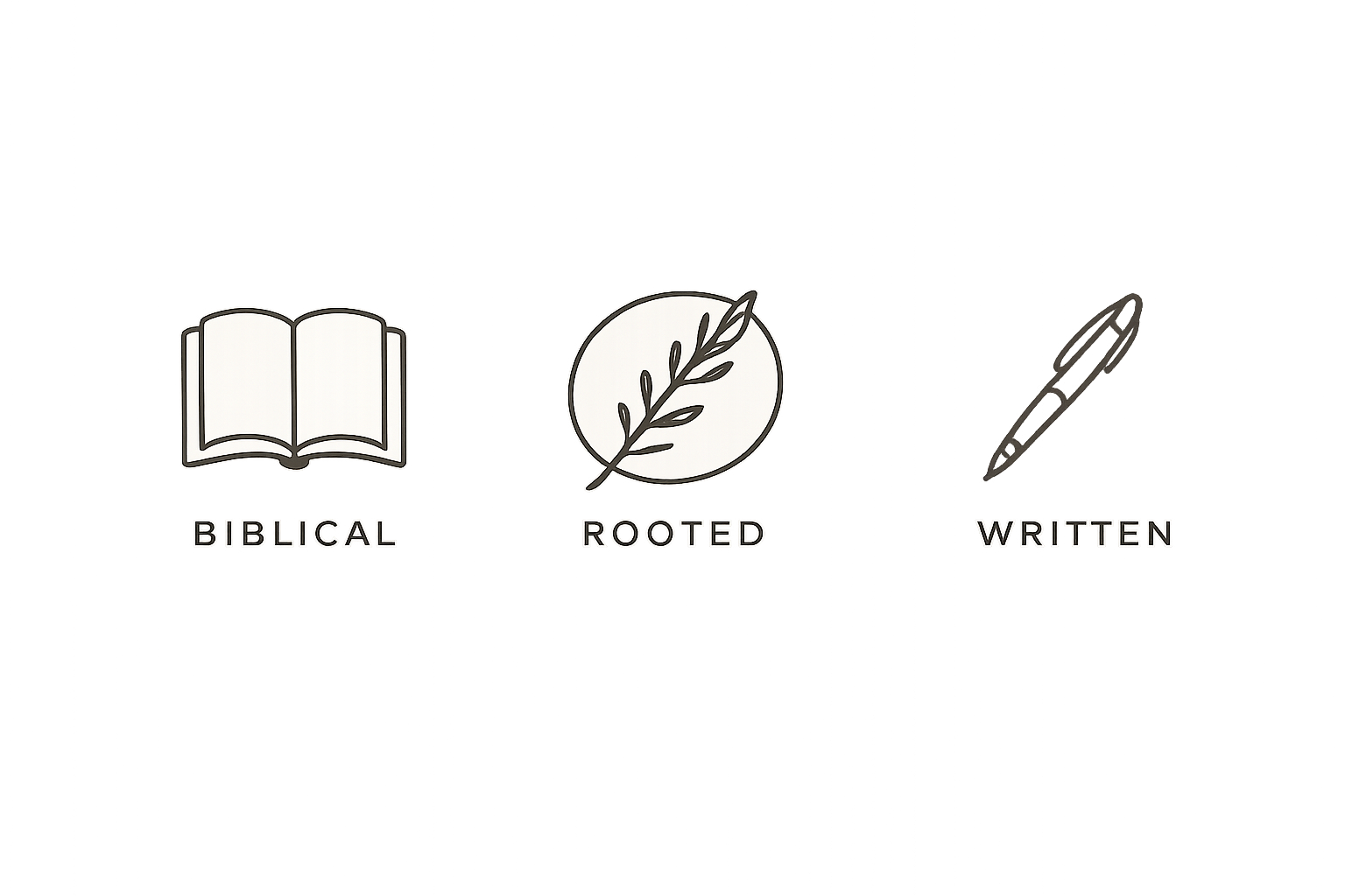 Icons representing different characteristics with labels: an open Bible labeled 'Biblical,' a branch inside a circle labeled 'Rooted,' and a pen labeled 'Written.'