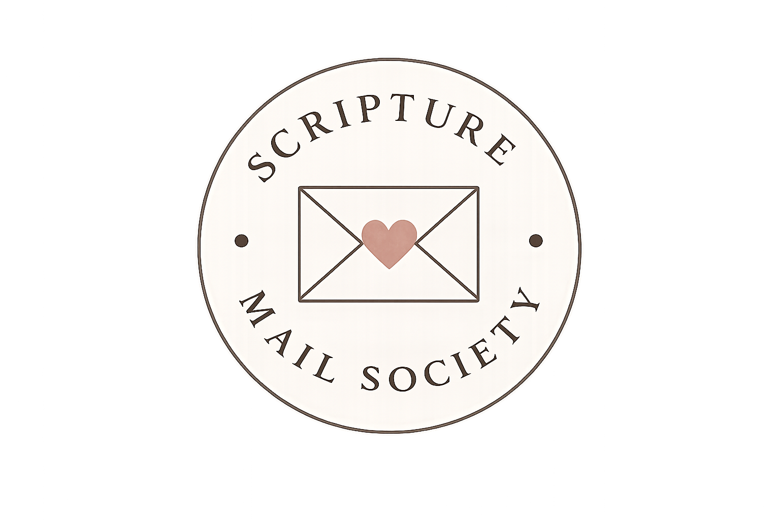 A circular emblem for Scripture Mail Society features a central envelope with a pink heart inside, surrounded by the words 'SCRIPTURE MAIL SOCIETY'.