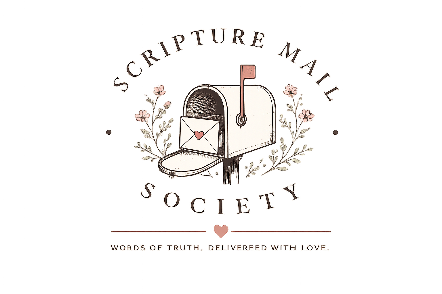 A drawing of a mailbox with an envelope featuring a heart symbol inside. The mailbox is surrounded by flowers and has a flag raised. The text above reads "Scrpiture Mail Society" and below it says "Words of Truth. Delivered with Love."