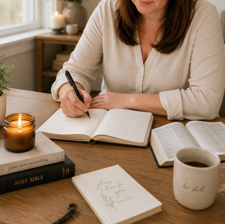 A woman sitting at a wooden table, writing in a notebook with a black pen. The table has an open Bible, a candle, a coffee mug, a small notebook with the words 'plans I have for you,' and some books.