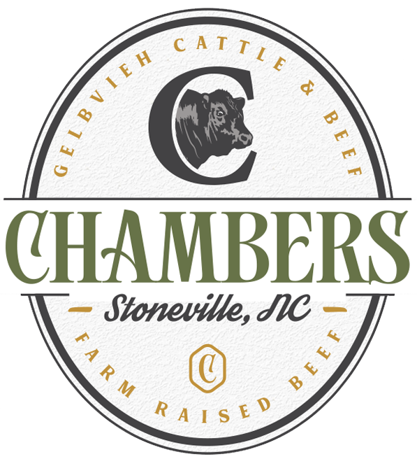 Logo for Chambers, a farm in Stoneville, NC, specializing in cattle and beef, with a central image of a cow's head inside a large letter 'C' and text around the circle.