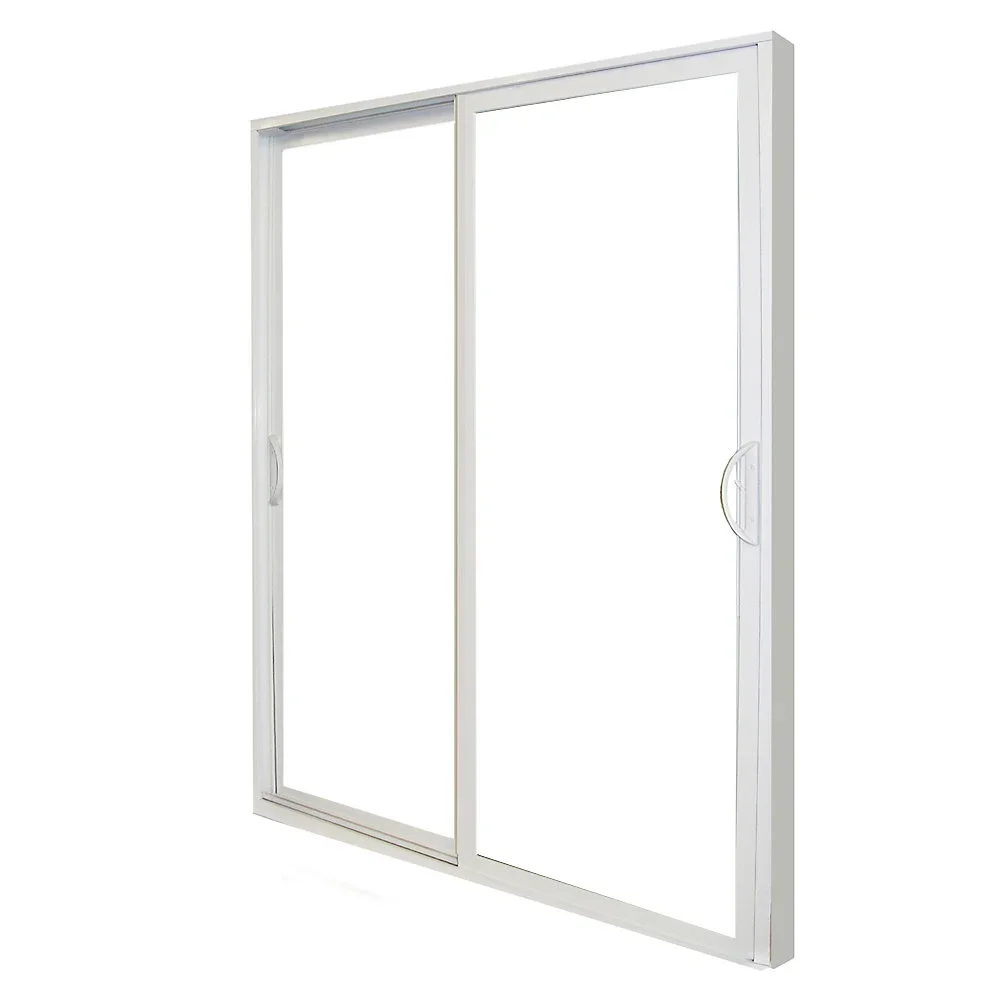 White sliding glass door with two panels, one fixed and one sliding, with handles on each panel.