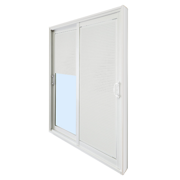 Sliding glass patio door with white frame and roller blinds, partially open to reveal a clear sky outside.