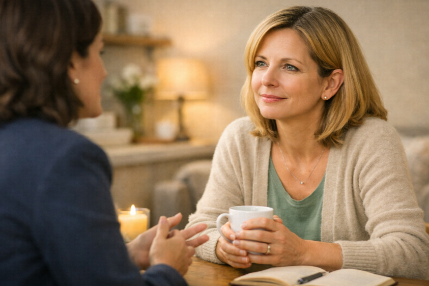 Two women sitting at a table having a conversation, one holding a mug, in a cozy room with a lit candle and background decorations.