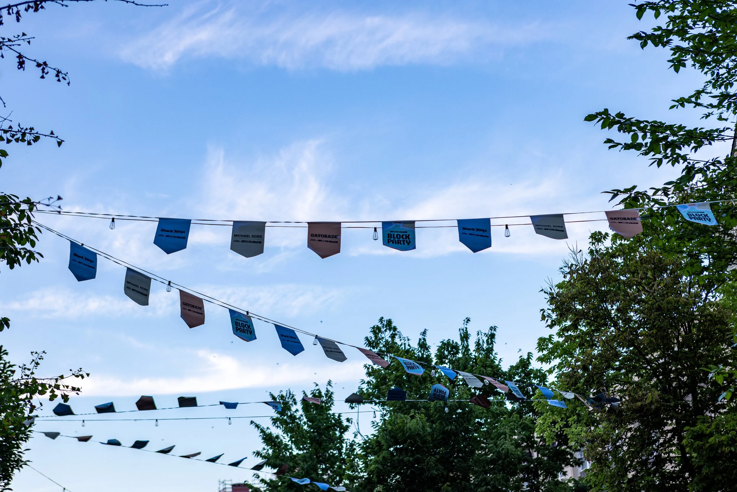Colorful flags and banners hanging across the sky above trees during daytime.