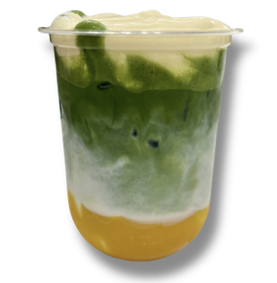 Layered green, white, and yellow dessert or beverage in a clear plastic cup.