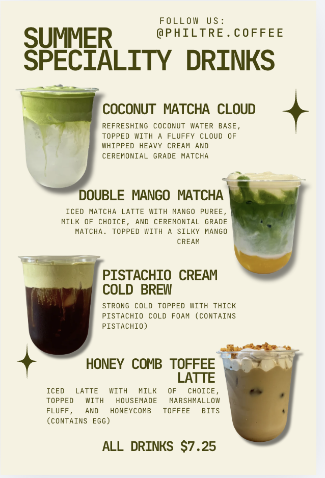 Menu listing summer specialty drinks including Coconut Matcha Cloud, Double Mango Matcha, Pistachio Cream Cold Brew, and Honey Comb Toffee Latte, with prices.