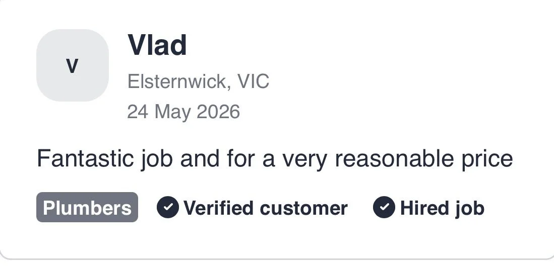 Review for a plumber from Elsternwick, VIC, dated May 24, 2026, praising their job and reasonable price, with icons indicating verified customer and hired job status.