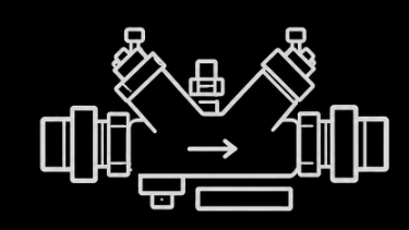 Diagram of a Y-shaped pipe fitting with connectors and an arrow indicating flow direction.