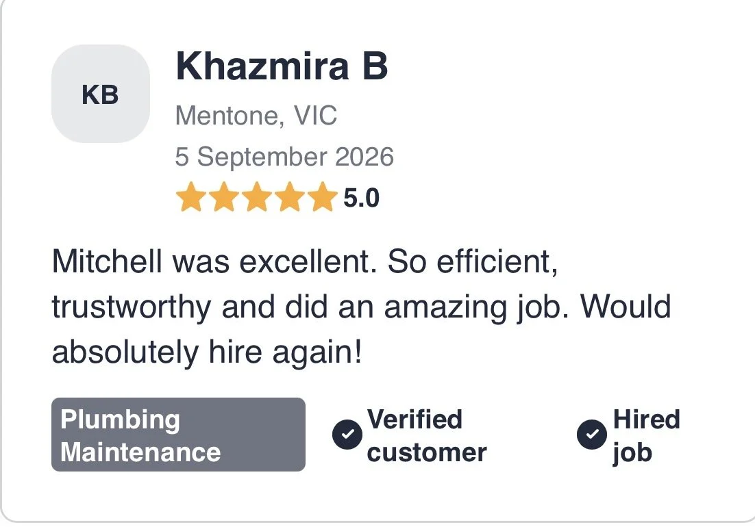 Customer review for plumbing maintenance, five-star rating, verified customer, job hired, positive feedback for Mitchell in Mentone, VIC.