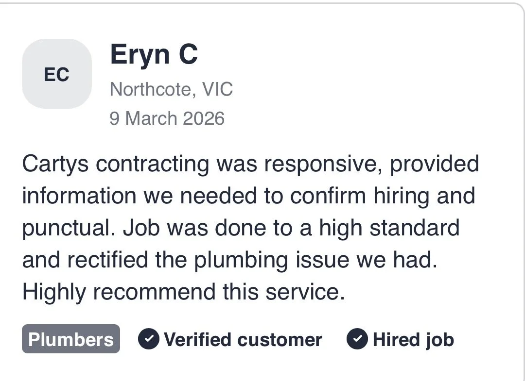 Review for Eryn C from Northcote, VIC, dated March 9, 2026, praising responsive plumbing contracting service, confirming hiring and punctuality, high standard work, rectified plumbing issue, highly recommended, with verified customer and hired job badges.