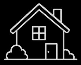 Outline drawing of a house with a door, one window, a chimney, and bushes in front.