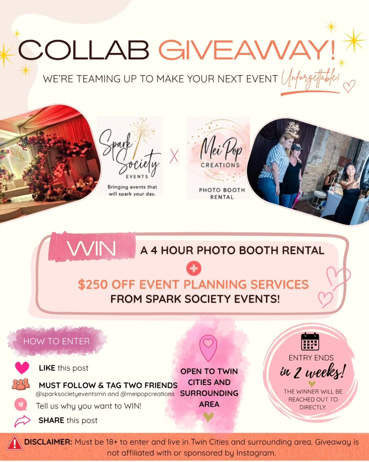 ✨🎉 COLLAB GIVEAWAY! 🎉✨

We&rsquo;re teaming up to make your next celebration extra unforgettable! 💕✨

Spark Society Events &times; Mei Pop Creations are giving ONE lucky winner the chance to win:

🎁 4-HOUR SELFIE STATION RENTAL from @meipopcreati
