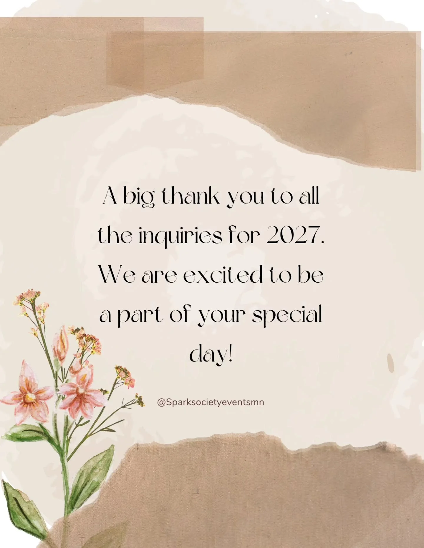 ✨️THANK YOU FOR ALL THE 2027 INQUIRIES! ✨️

My heart is full! 💓 Thank you to everyone who reached out to Spark Society Events for your 2027 weddings, celebrations and special events. Your support and trust in me to be a part of your special moments 