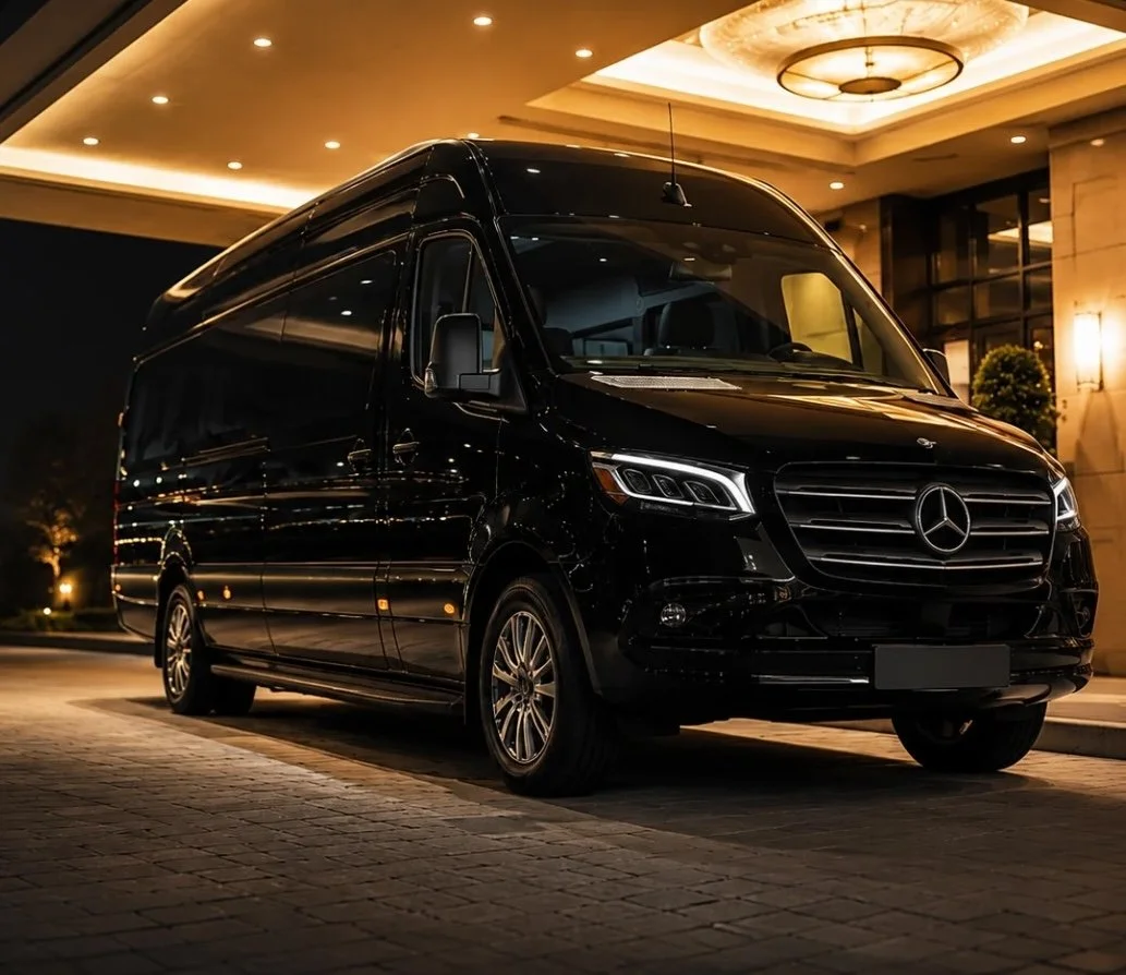 A black Mercedes-Benz Sprinter van parked outside a building at night with warm lighting and decorative plants.