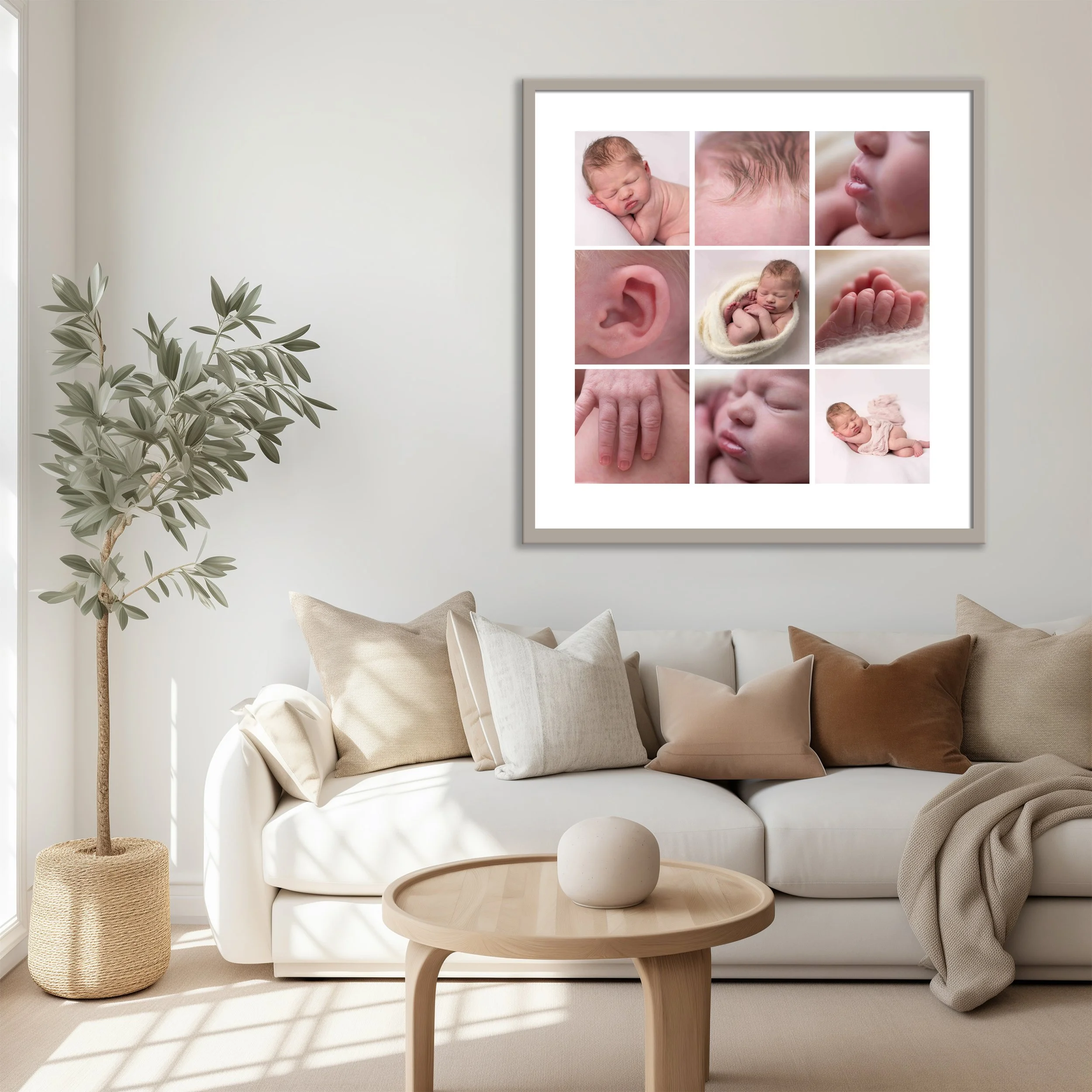 Living room with neutral-colored sofa and cushions, a wooden coffee table with a round top, a potted plant with variegated leaves, and a photo collage of newborn babies on the wall.