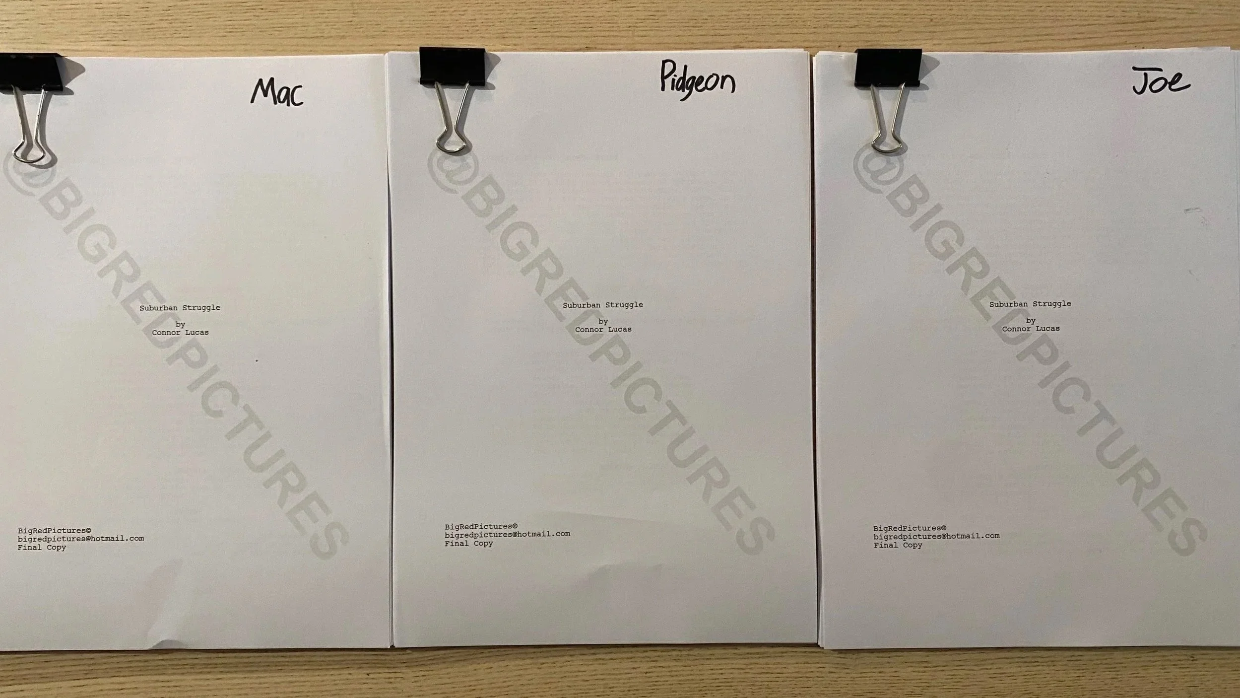 Three white paperback books with handwritten titles labeled 'Mac,' 'Pigeon,' and 'Joe,' clipped to a wooden surface with black binder clips.