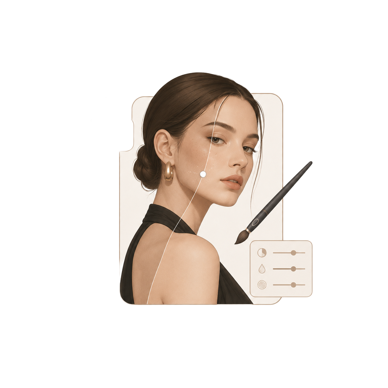 Ritratto di una donna con trucco naturale, orecchini dorati, e capelli legati in uno chignon, con elementi grafici che rappresentano intelligenza artificiale e strumenti di trucco digitali.
