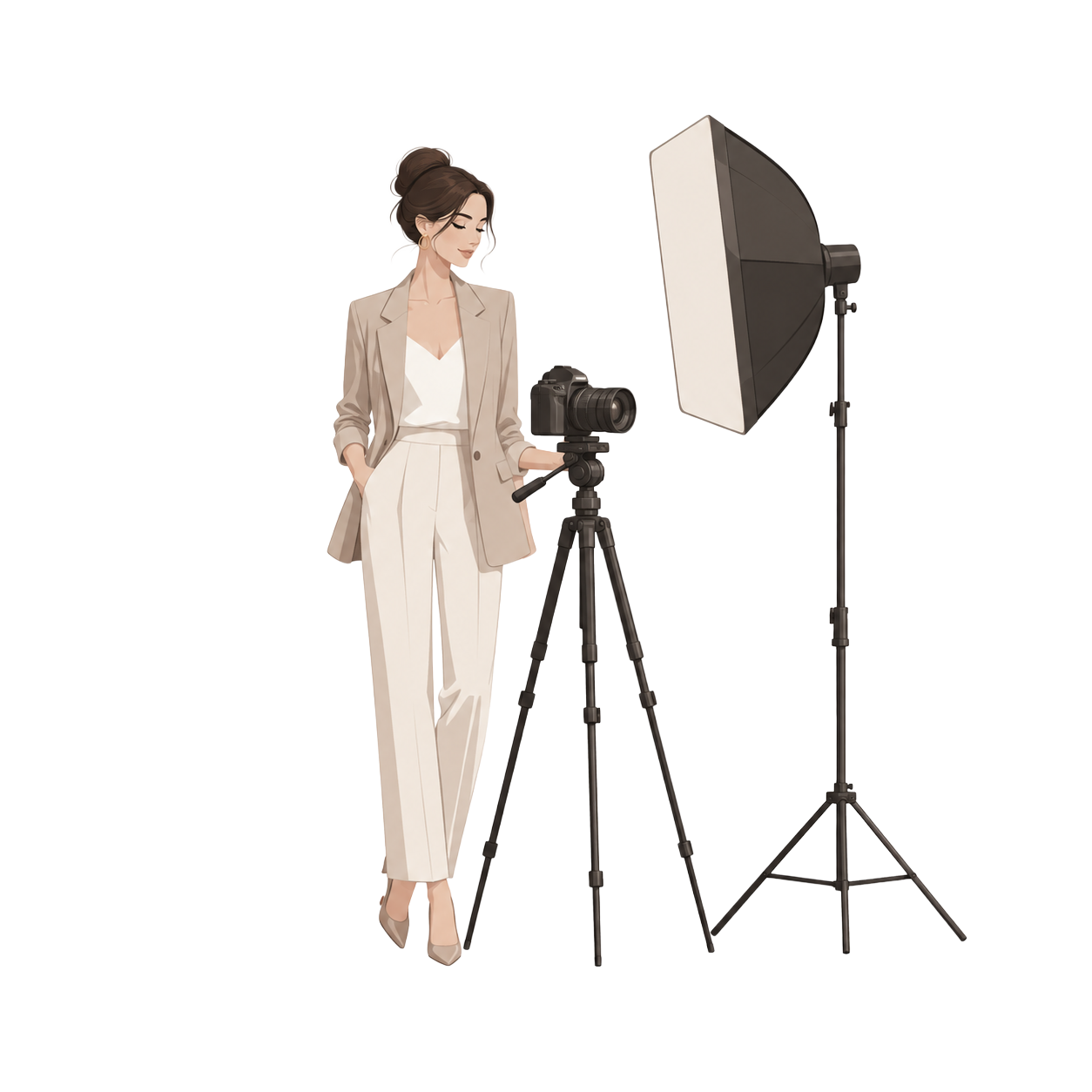 Una donna con abbigliamento beige in uno studio fotografico, vicino a una fotocamera su treppiede e un softbox per l'illuminazione.