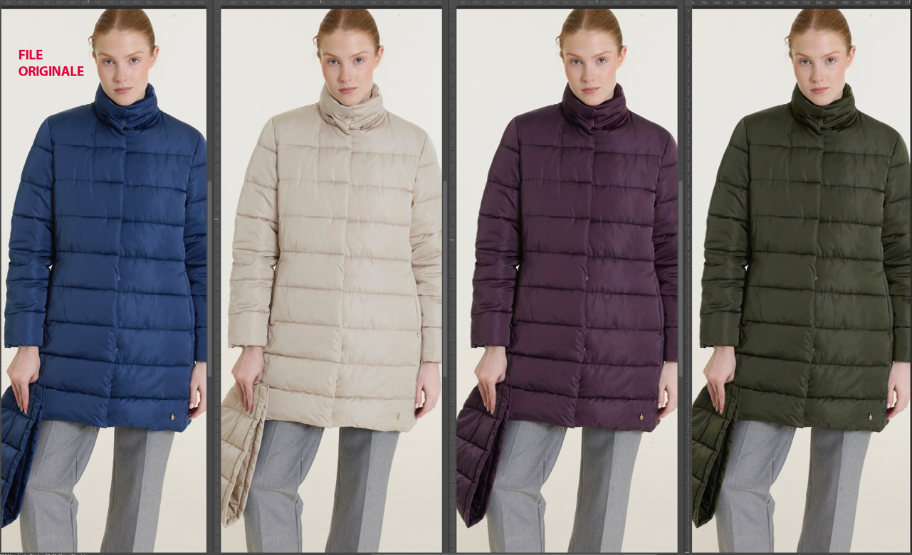 Immagine di una donna che indossa diverse giacche imbottite di colori diversi: blu, beige, viola, e verde, in un confronto di stile e colore.