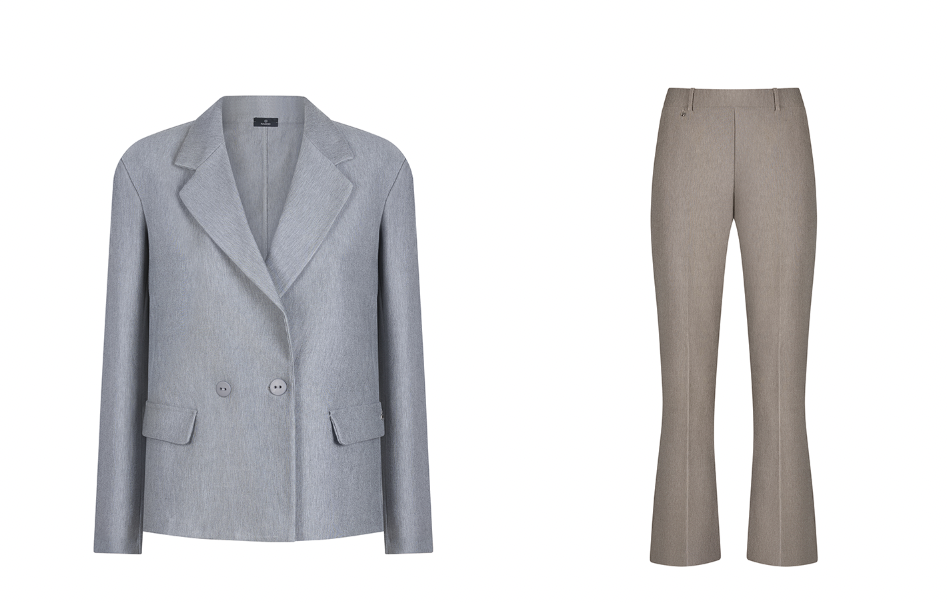 Still life di giacca grigia e pantaloni beige da donna su fondo bianco per fotografia e-commerce abbigliamento.