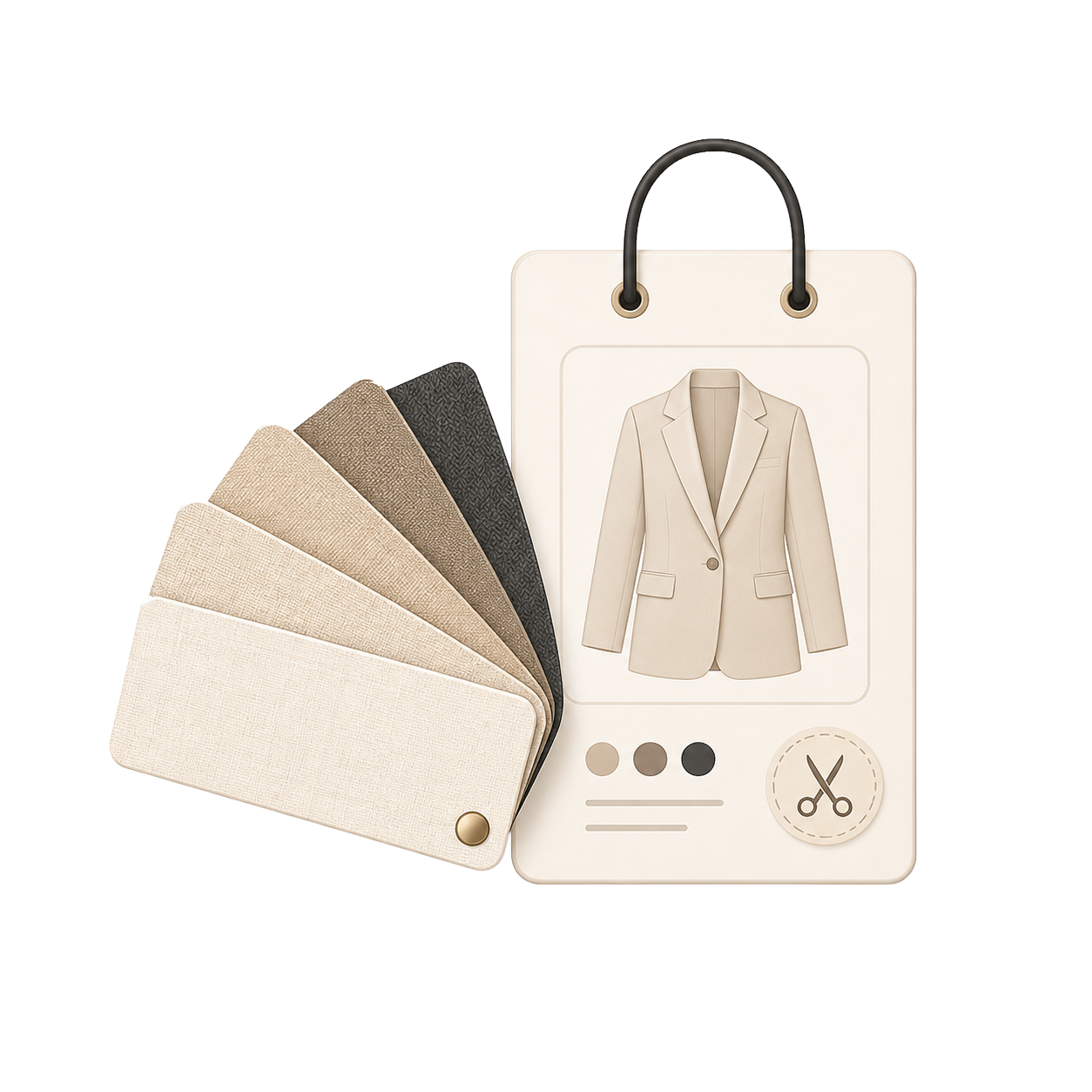 Campione di tessuti in varie tonalità di beige, marrone e nero, con cartellino che mostra un abito beige in stile blazer e alcune icone di scelte per abbigliamento.