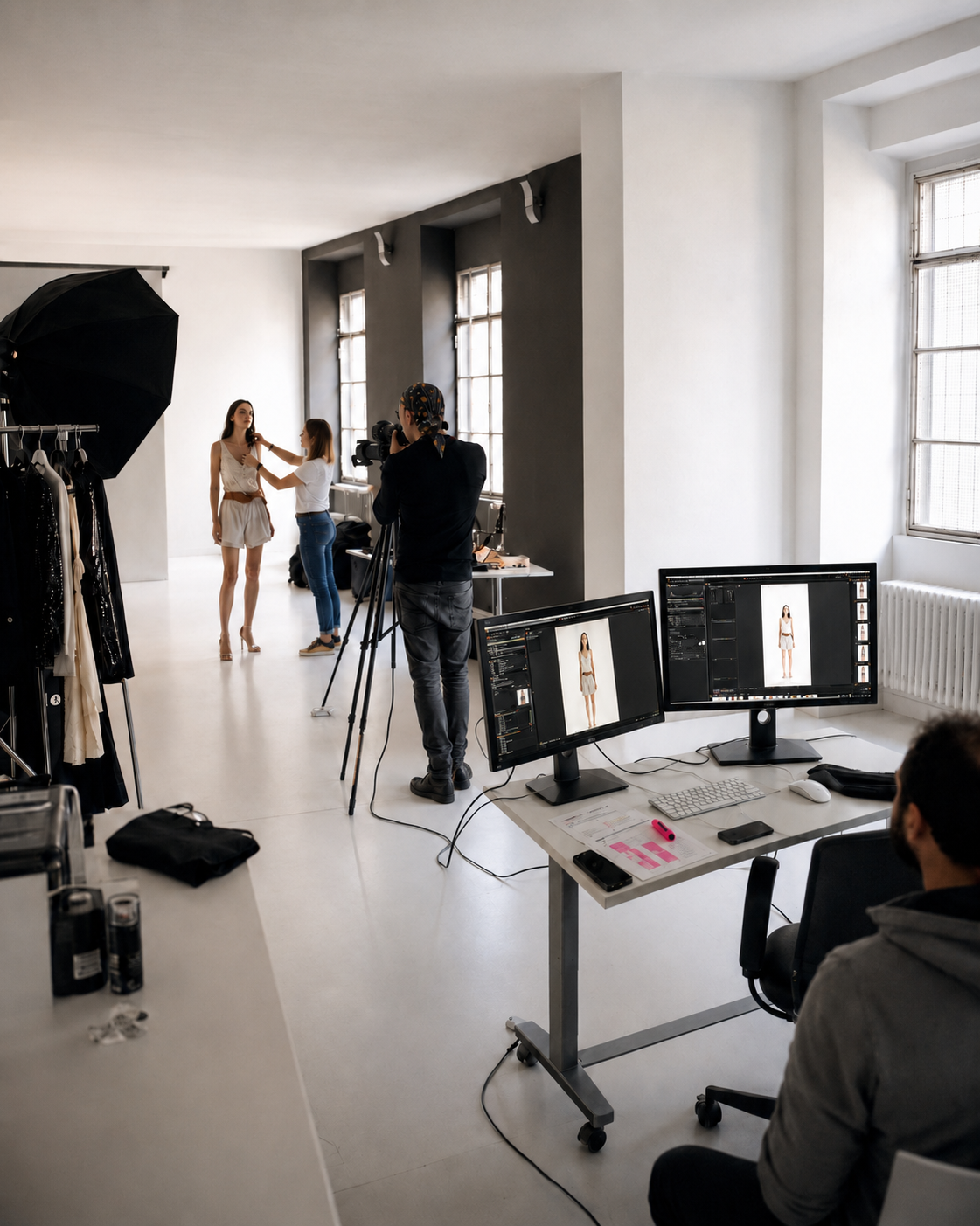 Backstage di uno shooting di moda per look book presso Insight Studio Milano. La stylist sistema il vestito sulla modella.