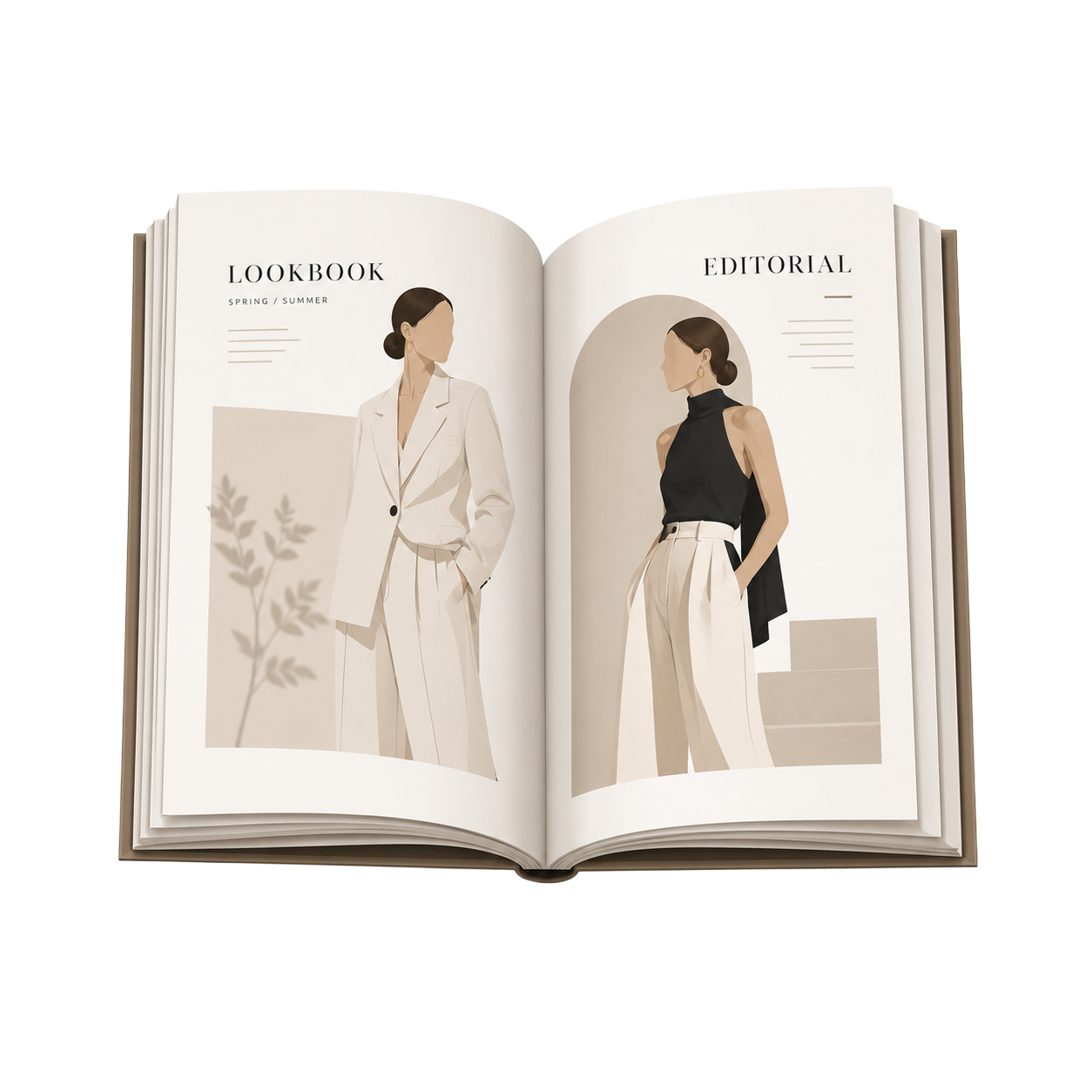 Pagina di un libro di moda con illustrazioni di due donne in abiti eleganti, una con giacca bianca e pantaloni coordinati e l'altra con top nero e pantaloni bianchi, con titoli 'Lookbook' e 'Editorial'.