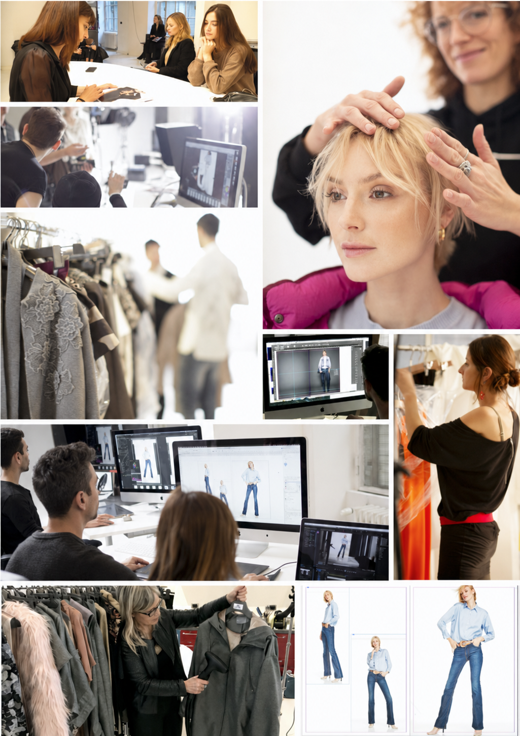 Collage di backstage, styling, set e controllo immagini per una produzione moda ed e-commerce-INTEGRA a Milano.