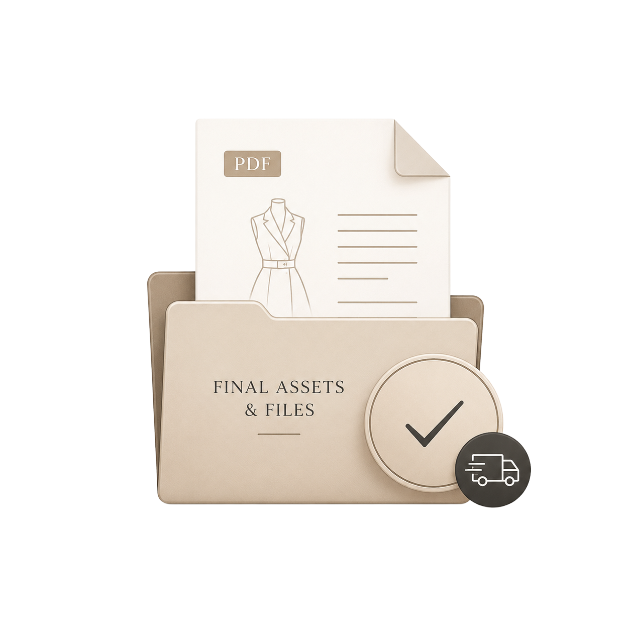 Cartella con etichetta 'Final Assets & Files' e icona di un orologio, contenente documenti PDF e file finali, con simbolo di consegna rapida.