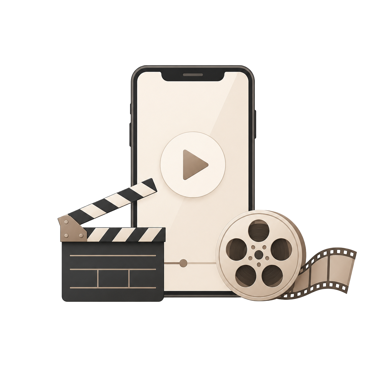 Simulazione di un telefono cellulare con icona di riproduzione al centro, una classica bobina di pellicola cinematografica, una ciak da film e una striscia di pellicola cinematografica, che rappresentano elementi legati al cinema e ai video.