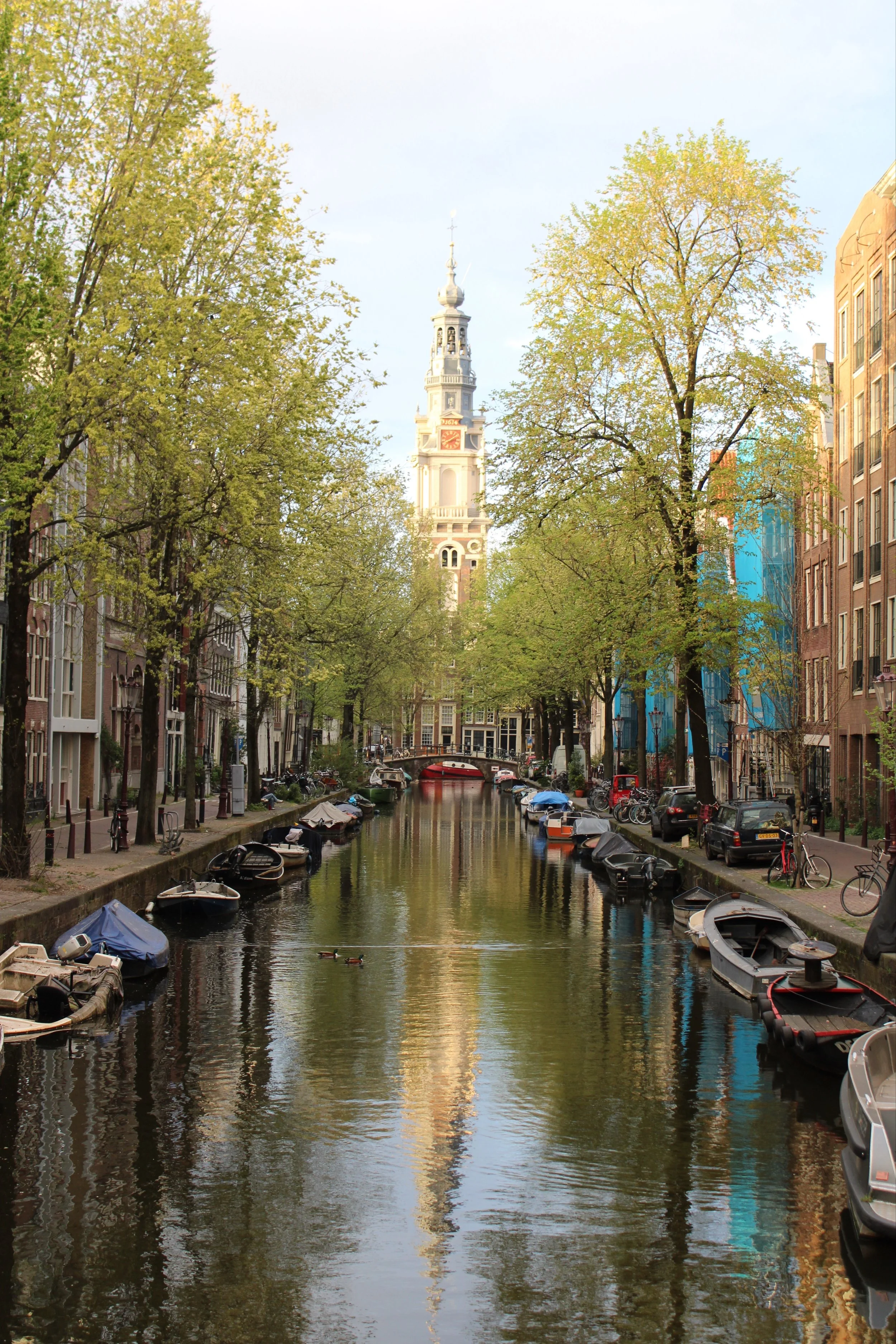 A canal with boats docked along the sides in Amsterdam, with buildings, bicycles, and a clock tower visible in the background, during spring with trees in bloom.
