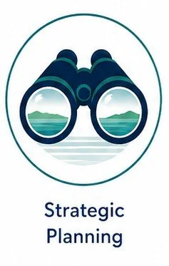 A logo featuring binoculars reflecting a landscape of mountains and water, with the words "Strategic Planning" below.