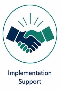 A graphic of two hands shaking inside a circle with lines radiating above, symbolizing support, with the text 'Implementation Support' underneath.