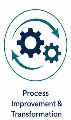 Icon of two interconnected gears surrounded by circular arrows, with text 'Process Improvement & Transformation' below.