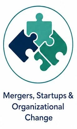Graphic of four interconnected puzzle pieces in shades of teal and navy blue, inside a circular outline, with the text 'Mergers, Startups & Organizational Change' below.