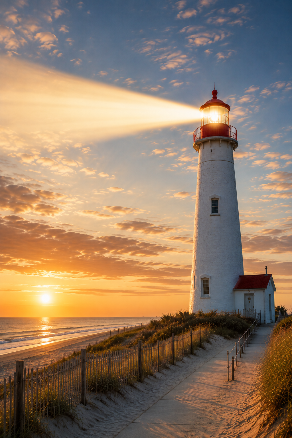 A lighthouse on a sandy beach during sunset, with the sun low on the horizon and clouds in the sky, casting a warm glow over the scene.