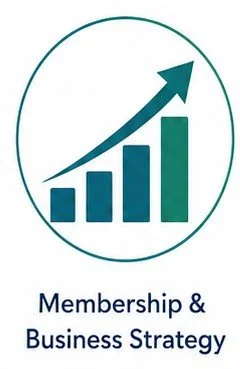 A logo with a bar chart and an upward arrow, with the text 'Membership & Business Strategy' below.
