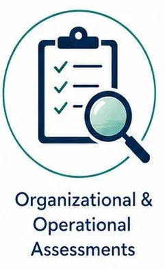 Icon of a clipboard with checkmarks and a magnifying glass, representing organizational and operational assessments.