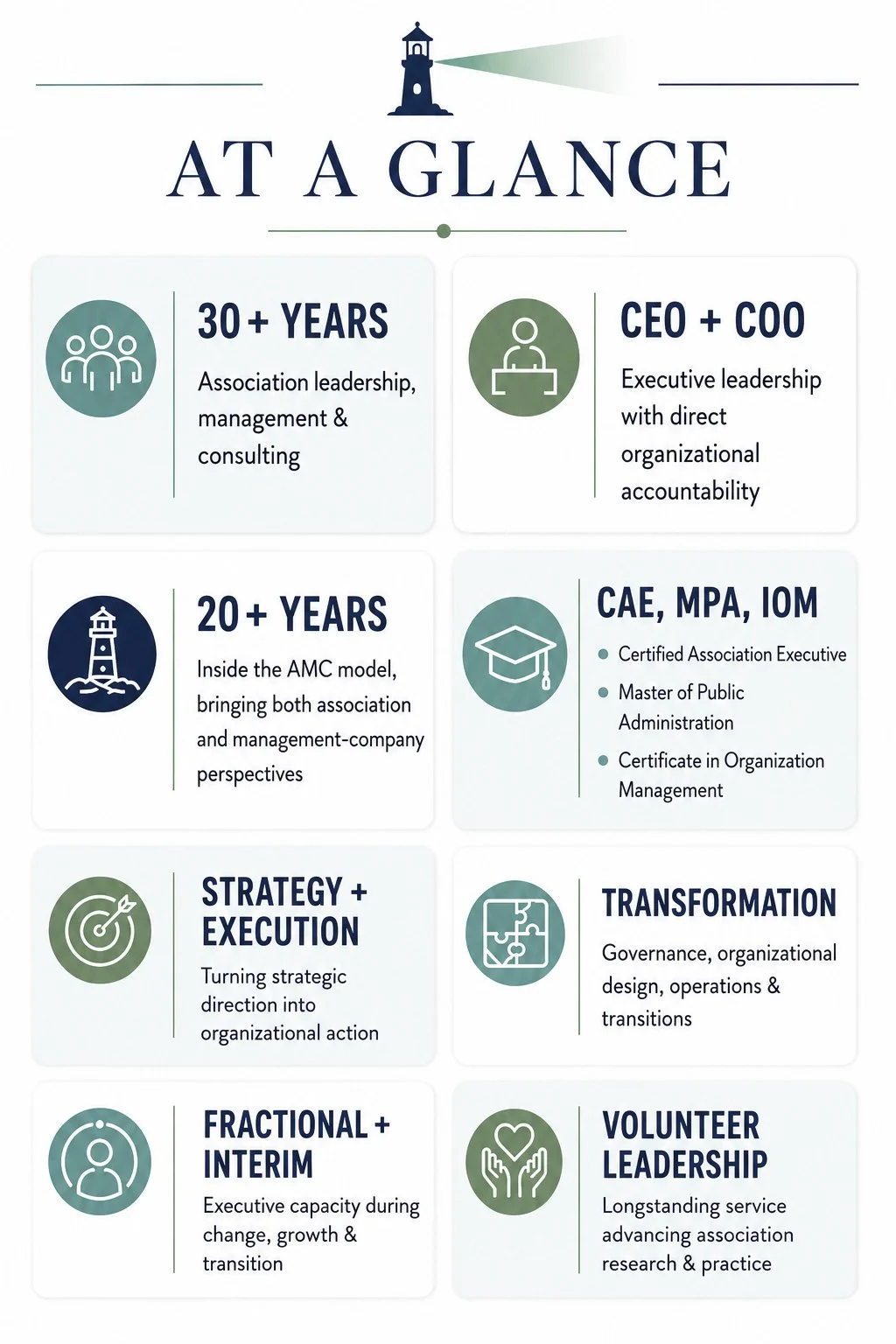 Infographic titled "At a Glance" with icons and text about leadership and organization experience, including years of service, roles, certifications, strategies, and leadership qualities.