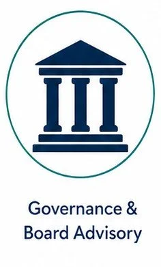 Icon of a classical building with four columns, representing governance, with the text 'Governance & Board Advisory' below.