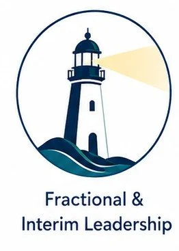 Illustration of a lighthouse emitting light along with the text 'Fractional & Interim Leadership' underneath.