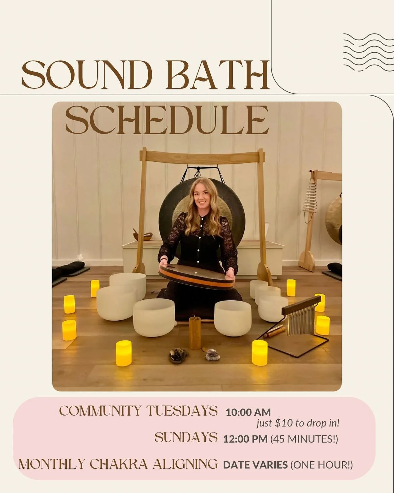 ✨ Sound Bath Schedule ✨

I&rsquo;m so excited to share my weekly offerings at @breathemeditationandwellness! These sessions are the perfect chance to pause, reset, and realign through the healing vibrations of sound. 🌊✨

💛 Community Tuesdays &ndash