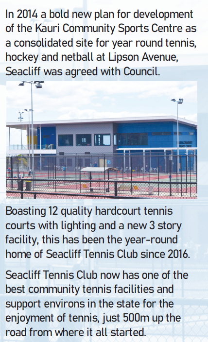 Photo of a modern blue and gray sports center building with tennis courts in the foreground, showing the Kauri Community Sports Centre, a multi-purpose facility with tennis courts, a three-story building, and outdoor lighting.