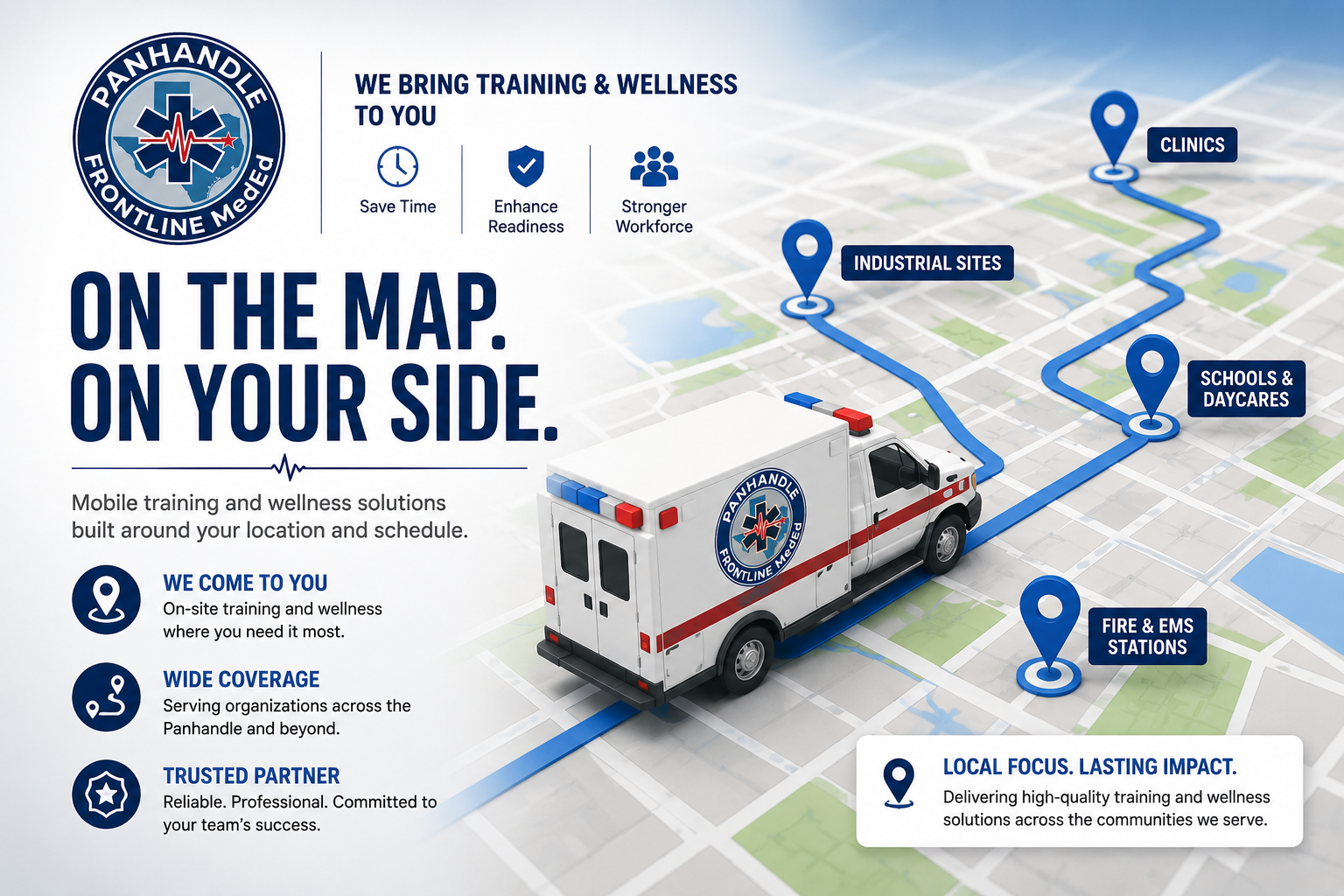Panhandle Frontline MedEd mobile training and wellness services providing on-site CPR certification, workforce health education, and occupational safety programs.