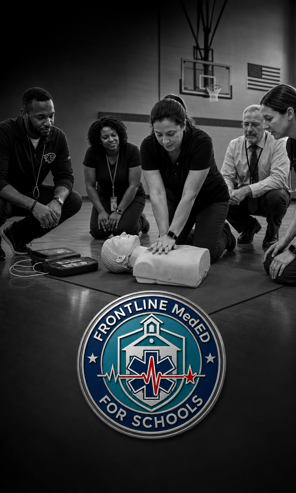 School staff practice CPR and AED response during Frontline MedED for Schools training.